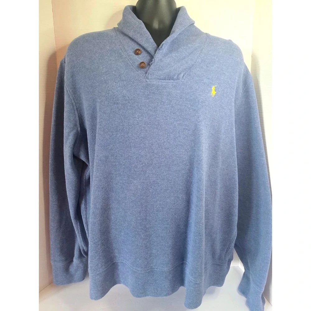 Polo Ralph Lauren Mens Shawl Collar Button Sweater Blue Heather Cotton XL